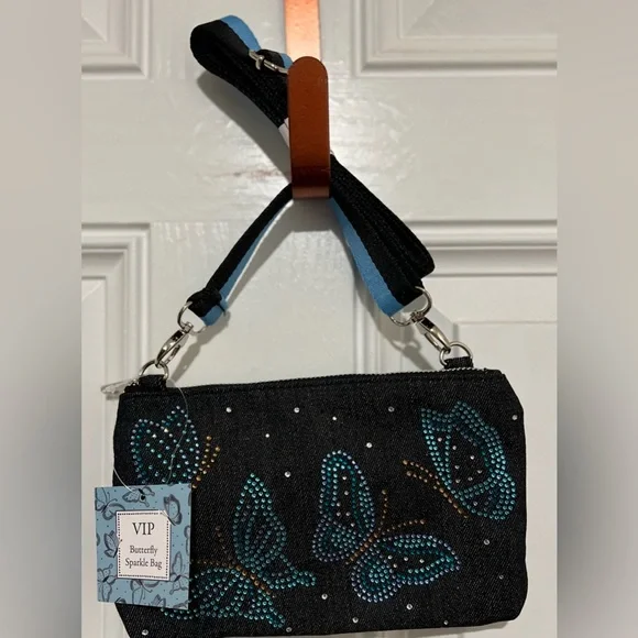 BRIGHTON VIP Sparkle Butterfly Bag Denim Crossbody Stripe Strap NWT - Picture 6 of 12